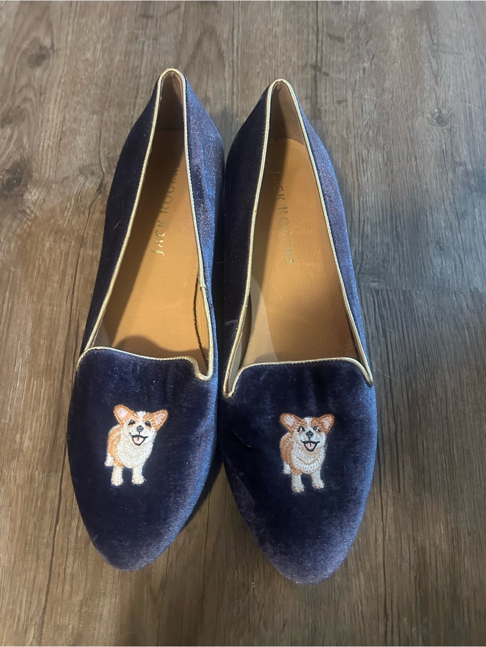 Jack Rogers Navy Velvet Corgi Embroidered Flats